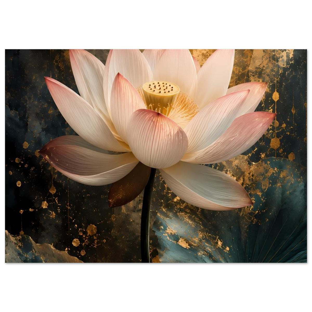 Poster mit weißer Lotusblüte, goldener Kelchmitte und fließenden Pastellrosa Verläufen