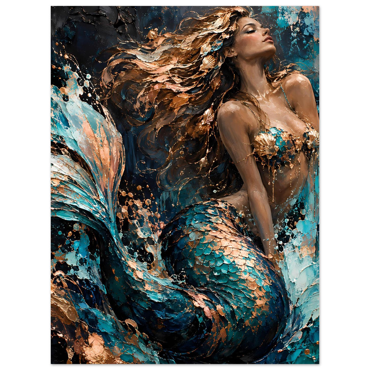 Fantasy-Kunstposter im Hochformat: Meerjungfrau mit türkis-blauem Flossenschimmer und Kupferhaar