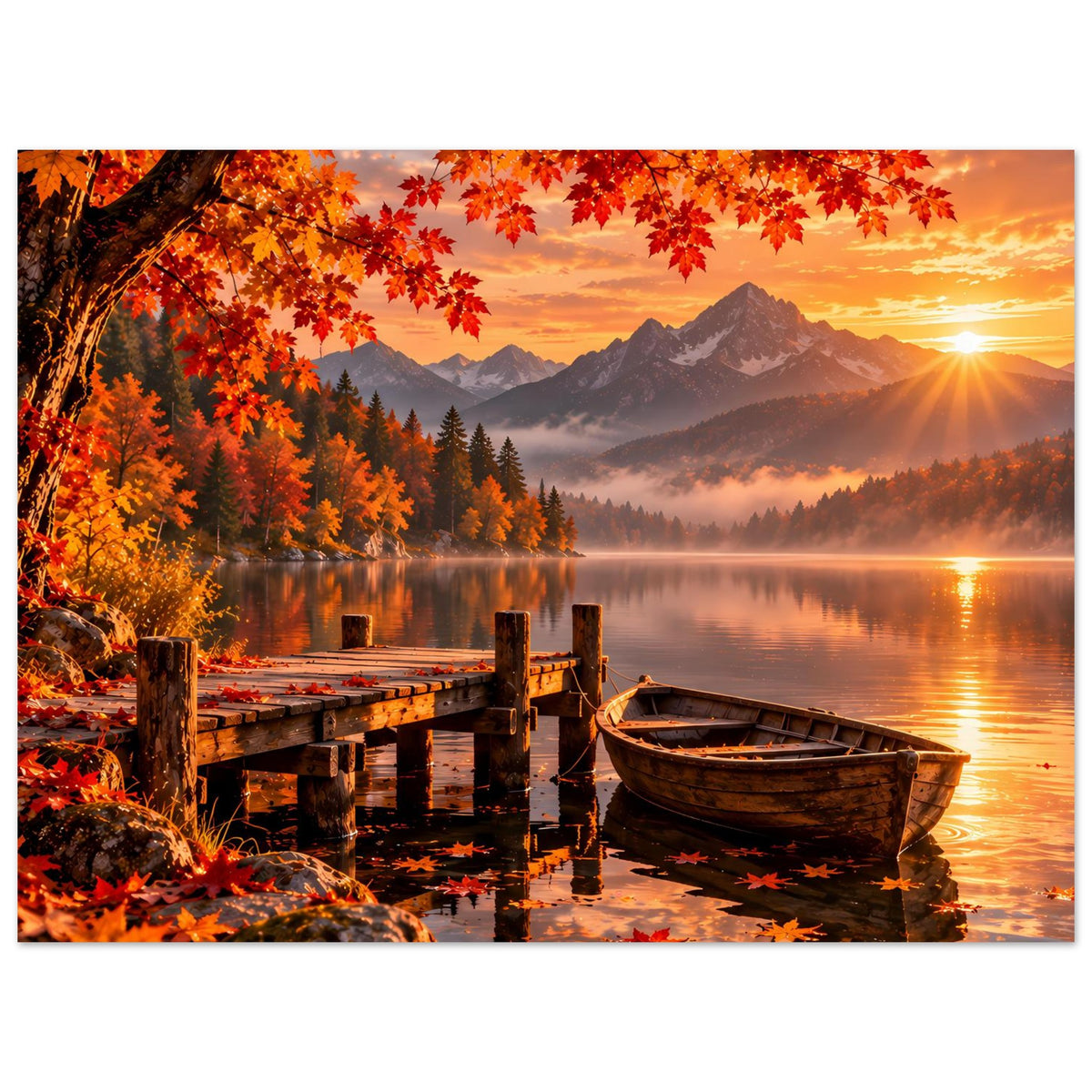Herbstliches Bergsee-Poster mit Steg, Ruderboot und Nebel über dem See im Abendlicht