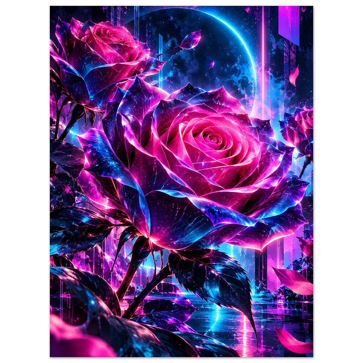 Kunstposter mit leuchtender Neonrose in Pink und Blau, Glasmuster, hochkant
