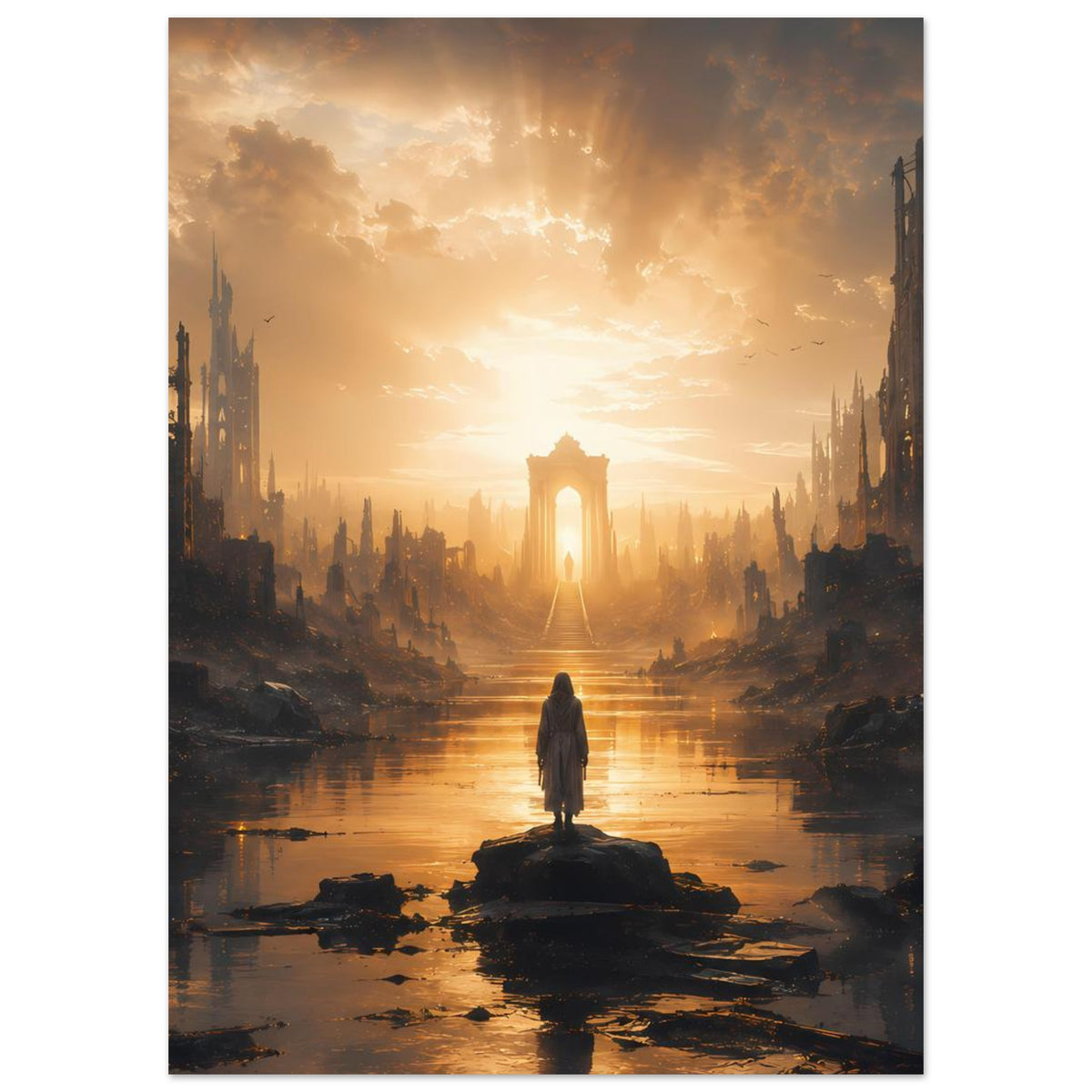 Post-apokalyptisches Stadtlandschafts-Poster, sonniger Himmel über Fluss und schwarzem Ruinenkorridor