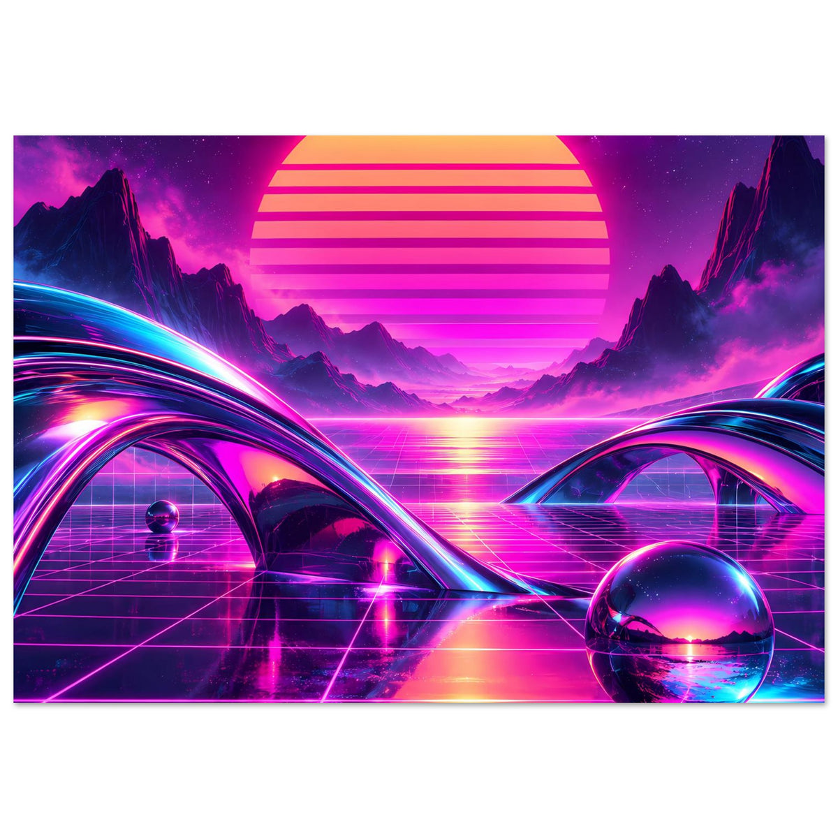 Neon-Science-Fiction-Poster (Breitformat) mit Sonnen-Lichtscheibe, Neon-Kuppeln und Glaskugel vorne