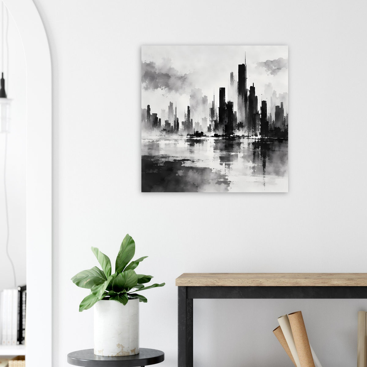 Schwarzweiß-Poster mit Hochhaussilhouette und Spiegelung, quadratischer Rahmen