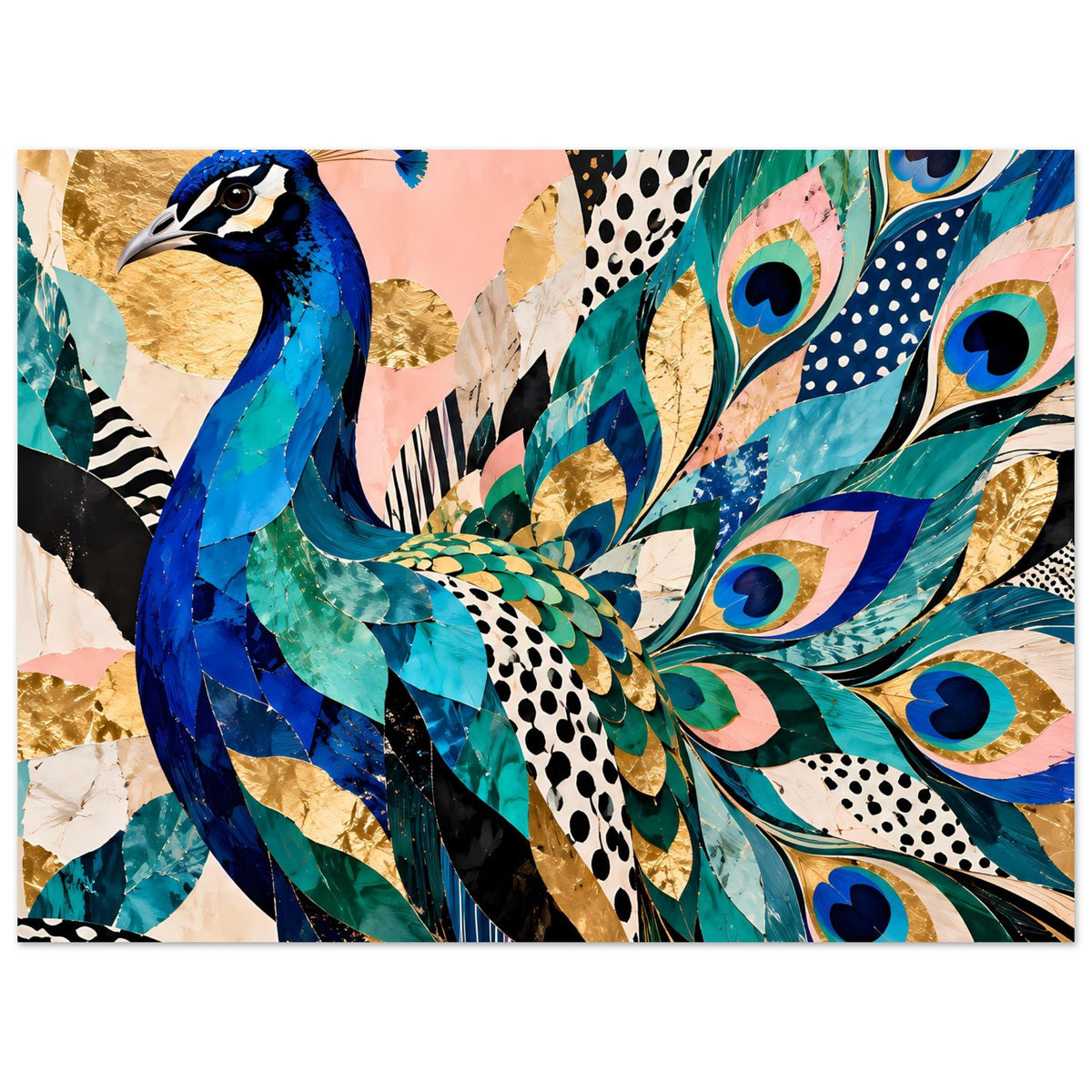 Kunstposter mit Pfau in Blau und Türkis, goldene Akzente, Pfauenaugen und Tupfenmuster