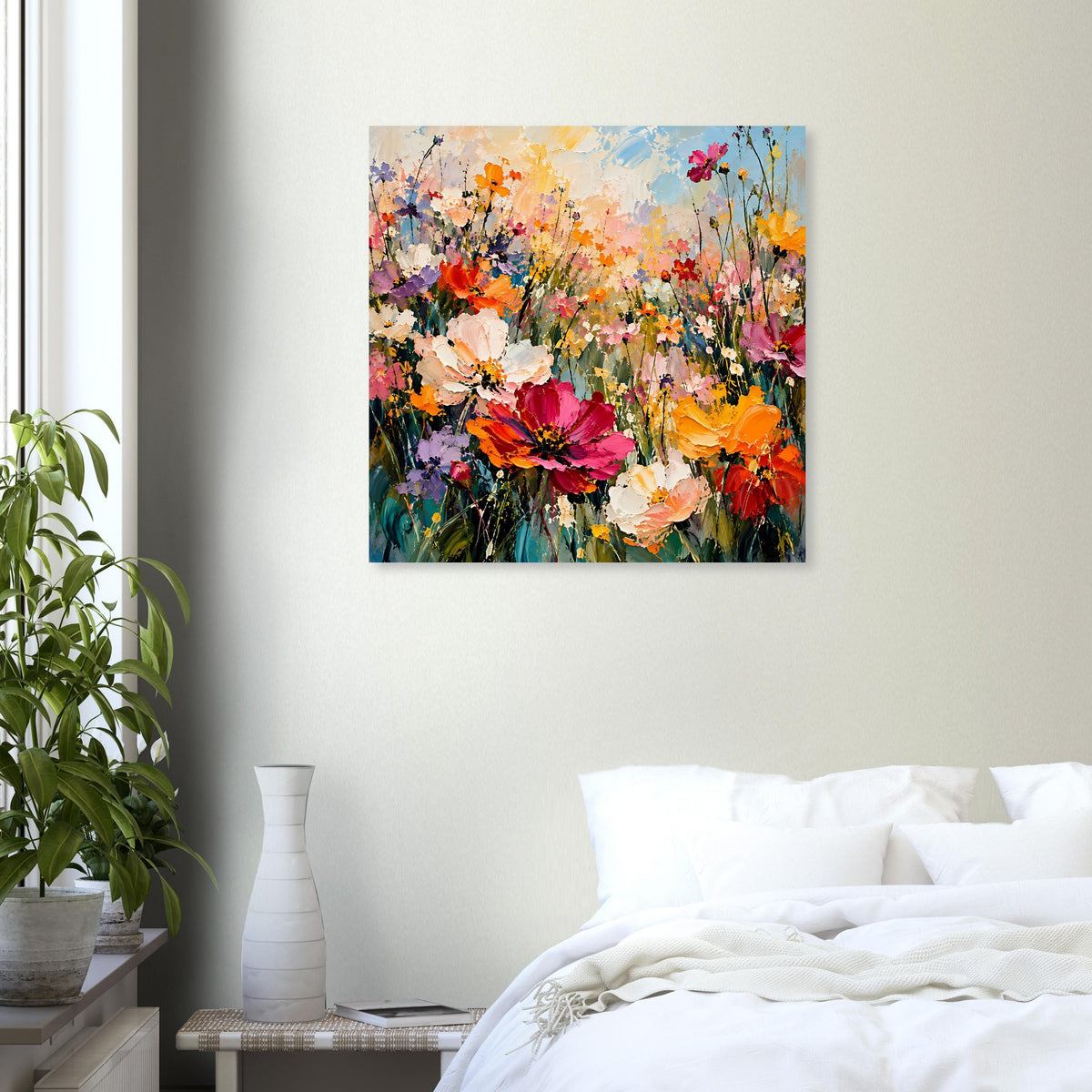 Blumenposter mit abstraktem Blumenmeer in Orange, Pink und Rot