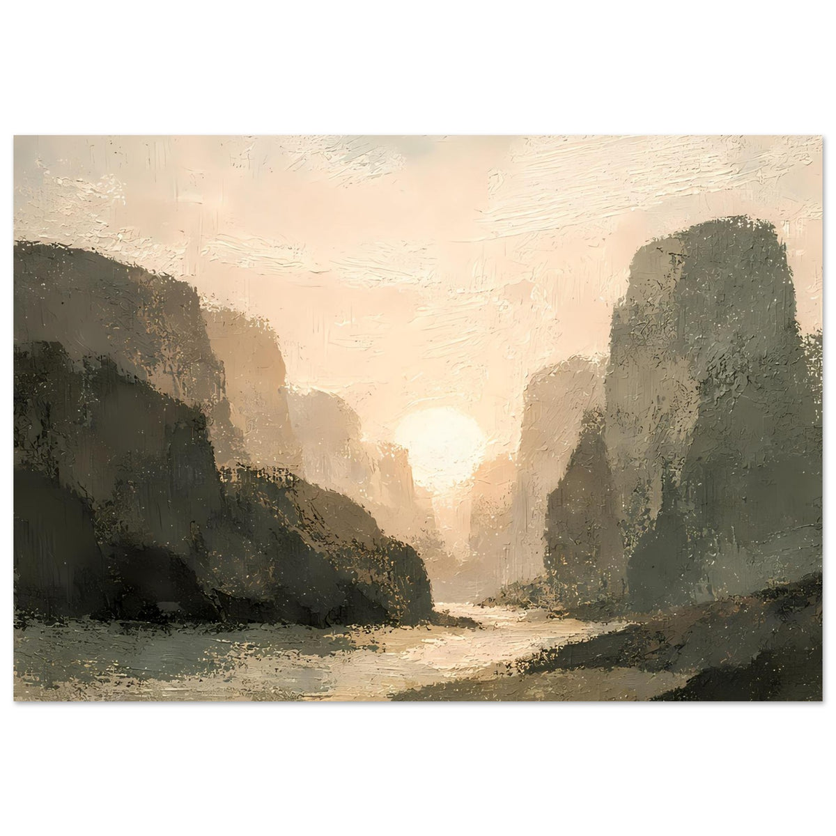 Horizontales Poster mit Canyonansicht, warmes Licht zwischen zwei Felswänden.