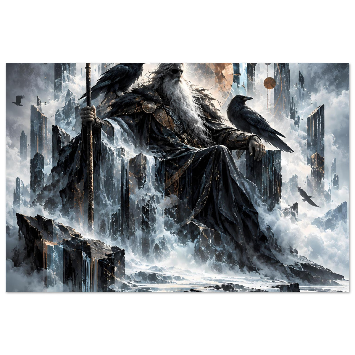 Mythologie-Poster: Odin thronend, Raben um ihn, Porträt mit dunklem Umhang