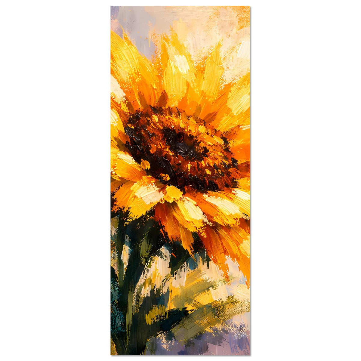 Sonnenblumen-Poster schmal, gelbe Blütenblätter und dunkler Kern, hochkant, gerahmt