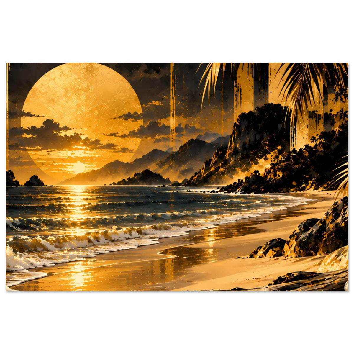 Strandposter im Querformat mit goldenem Licht, Wellen am Strand und Palmen