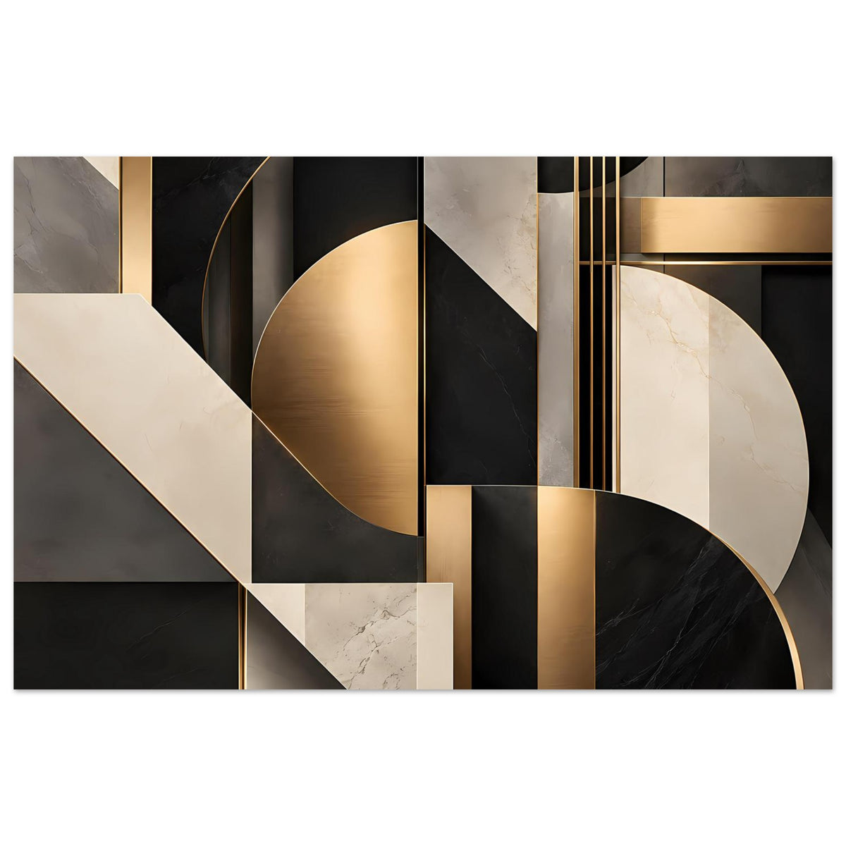 Geometrisches Kunstposter mit goldenen Linien, schwarzem und weißem Marble-Muster, horizontal