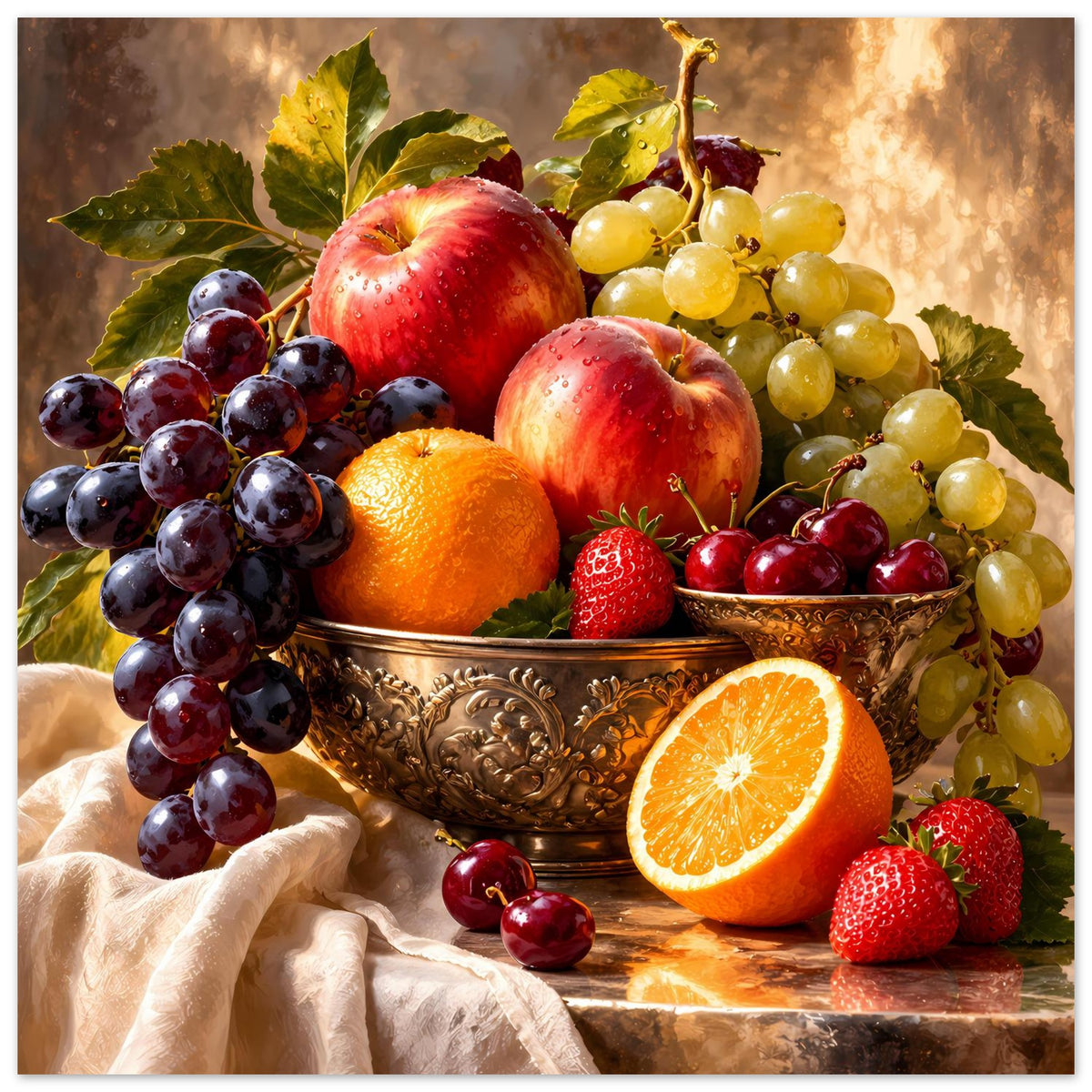 Stillleben-Poster, nahansicht: Obstschale mit Trauben, Äpfeln, Orangehälfte, Erdbeeren.