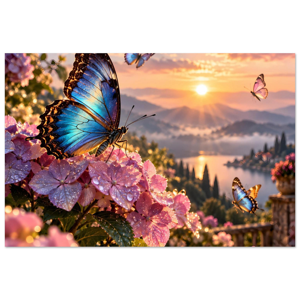 Poster mit blauem Schmetterling auf rosa Blüten und mehreren Schmetterlingen vor Sonnenuntergang