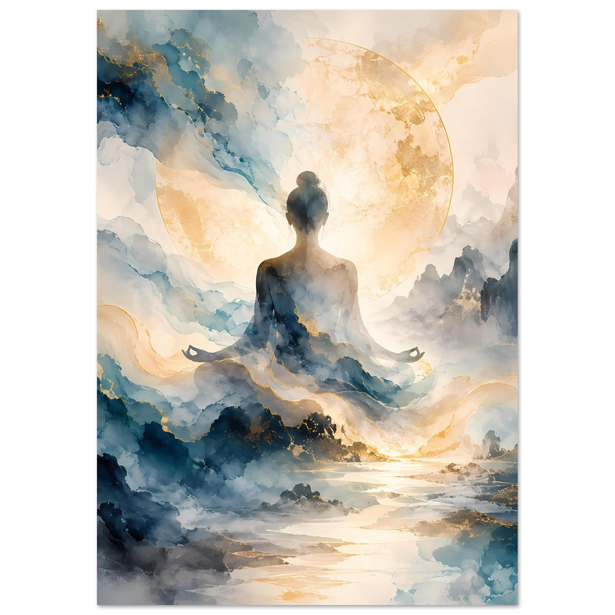 Zen-Poster: Meditierende Silhouette, blaue Wolken und goldene Lichtscheibe im Hintergrund