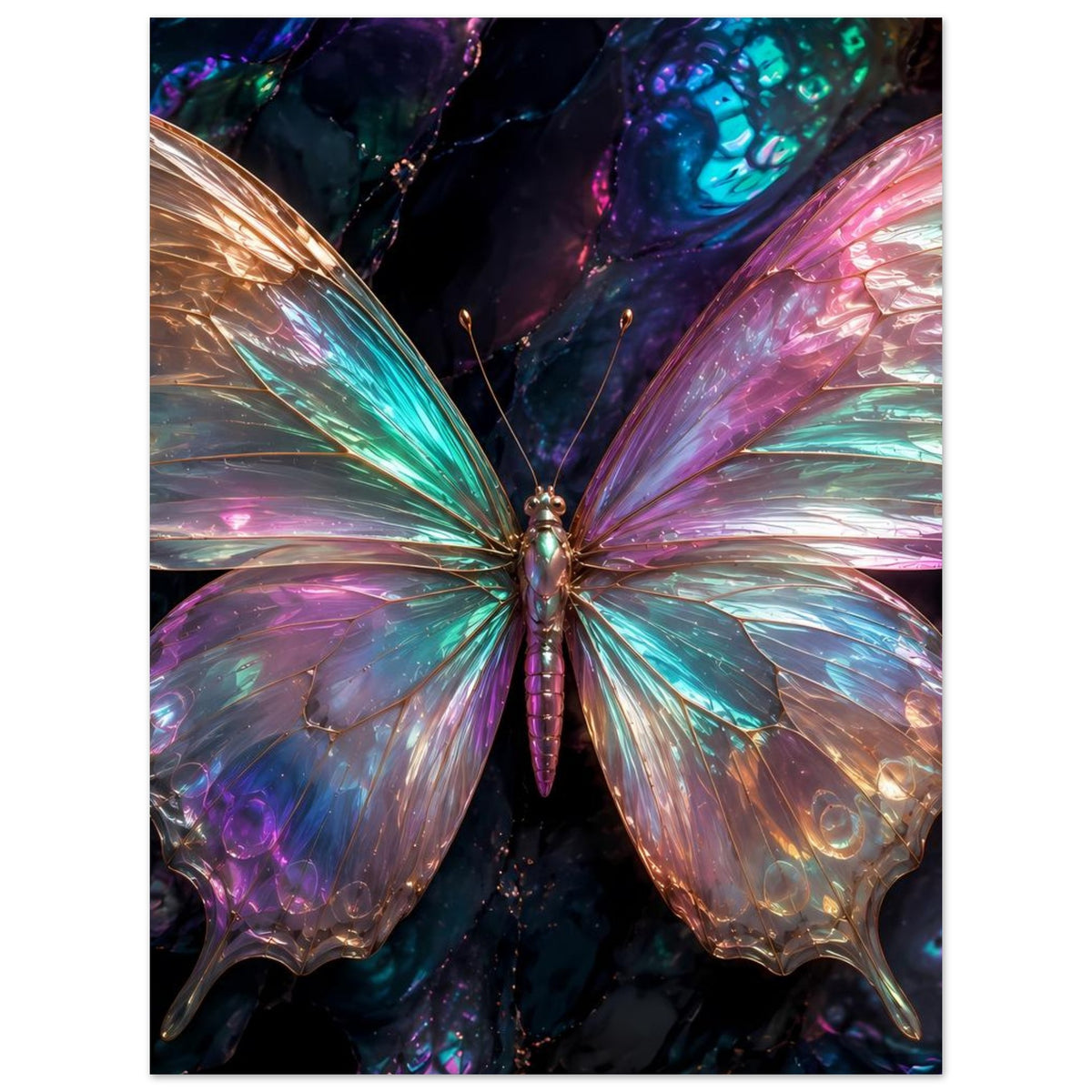 Vertikales Poster: großer Schmetterling mit irisierenden Flügeln in Blau, Pink und Gold