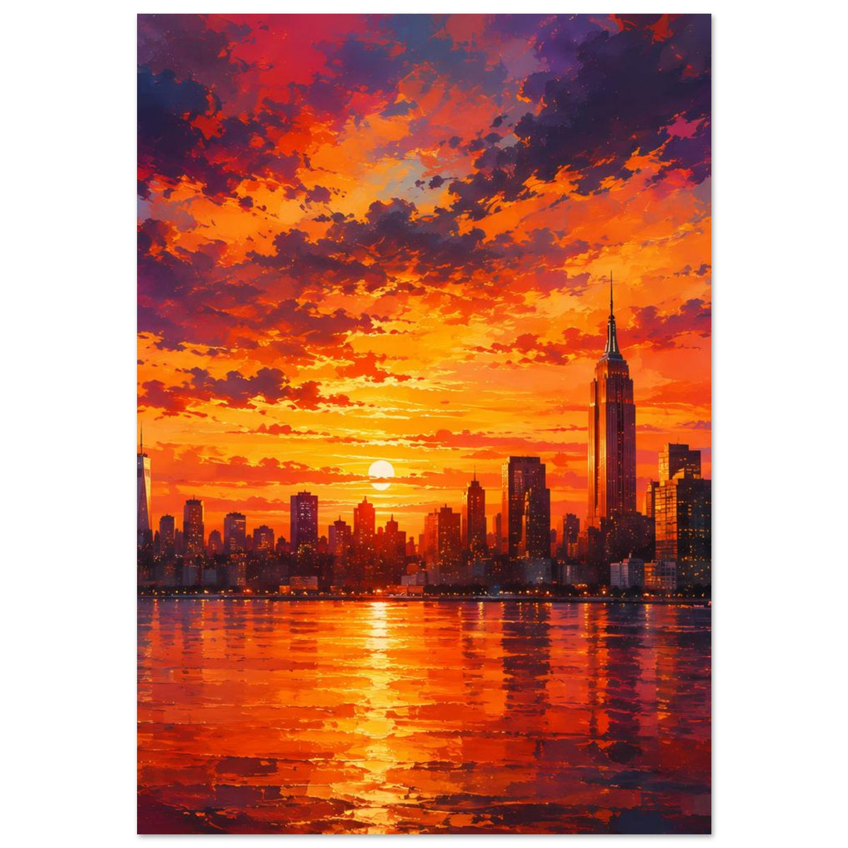 Stadtlandschafts-Poster mit Sonnenuntergang über der Skyline und hohem Turm