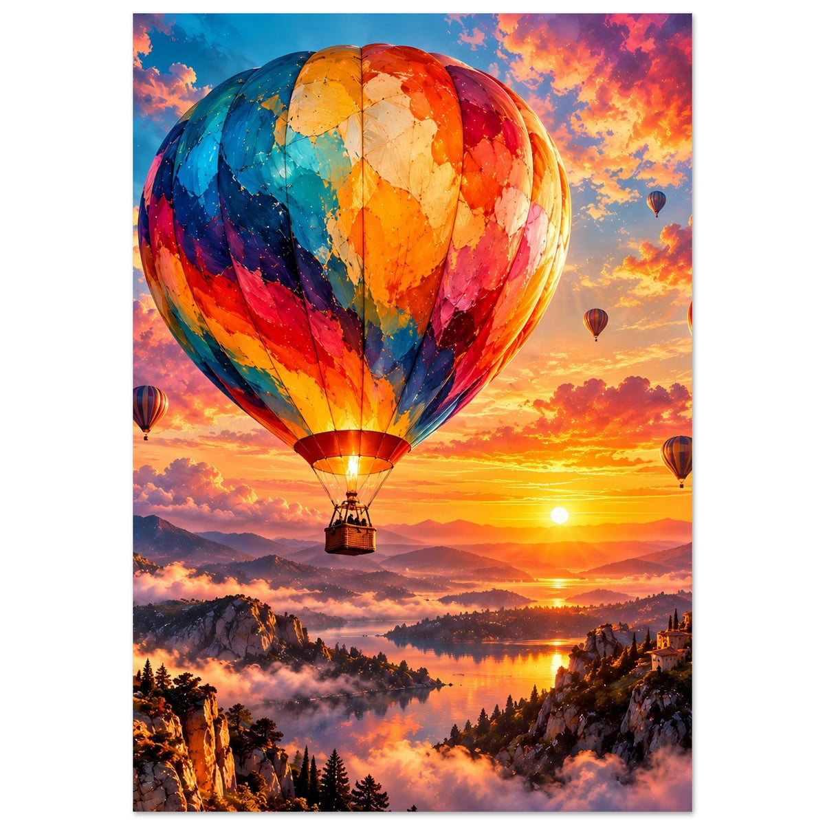 Hochformat-Poster mit großem Heißluftballon und mehreren Ballons am Abendhimmel.