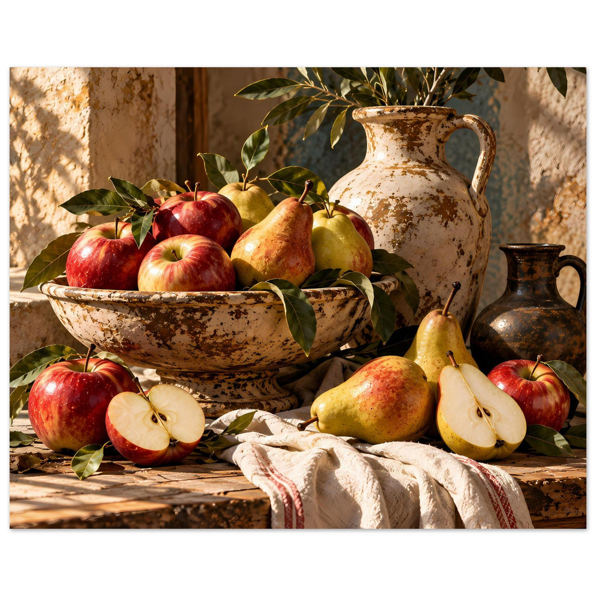 Herbstliches Stillleben-Poster mit Obstschale, Äpfeln, Birnen, Krügen und gestreiftem Tuch