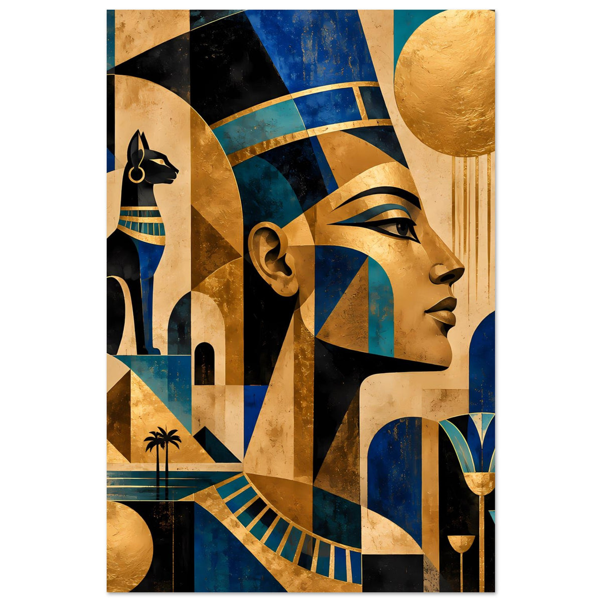 Ägyptisches Kunstposter mit Profilkopf und Hieroglyphen in Gold- und Blautönen, hochkant