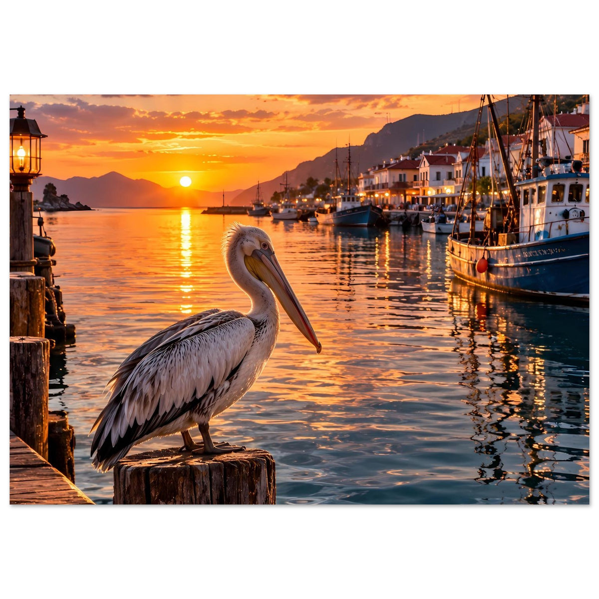 Poster mit Pelikan am Steg und spiegelndem Wasser im goldenen Sonnenuntergang