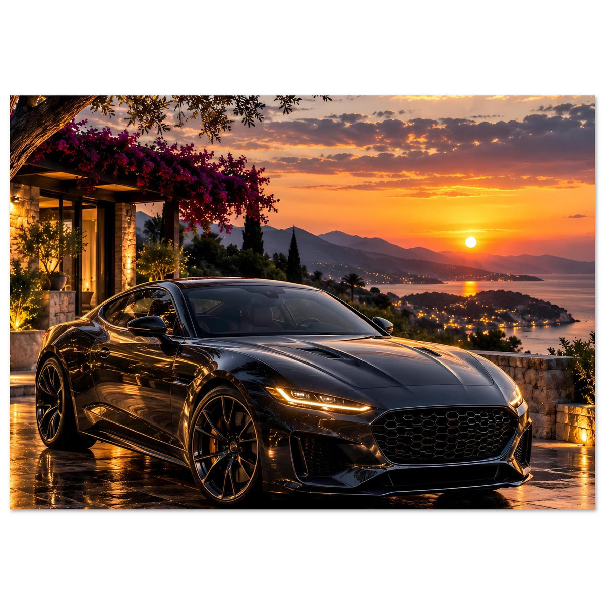 Sportwagen-Poster: schwarzer Sportwagen bei Sonnenuntergang, Skyline am Ufer im Hintergrund