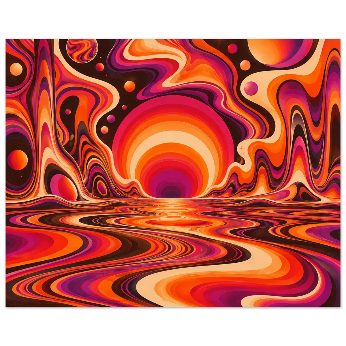 Horizontales Poster in Orange und Lila mit psychedelischem Sonnenwirbel