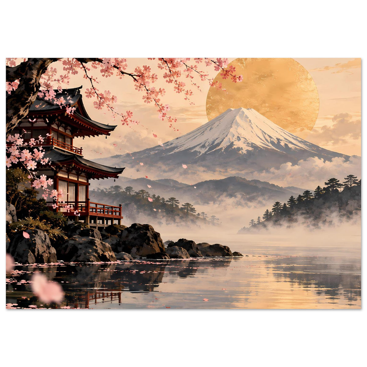 Poster mit Kirschblüten, Fuji-Berg, goldenem Mond und spiegelnder Wasseroberfläche
