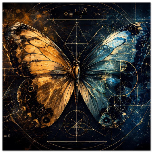 Mathematisches Schmetterlings-Poster mit goldenen und blauen Flügeln, geometrischen Linien