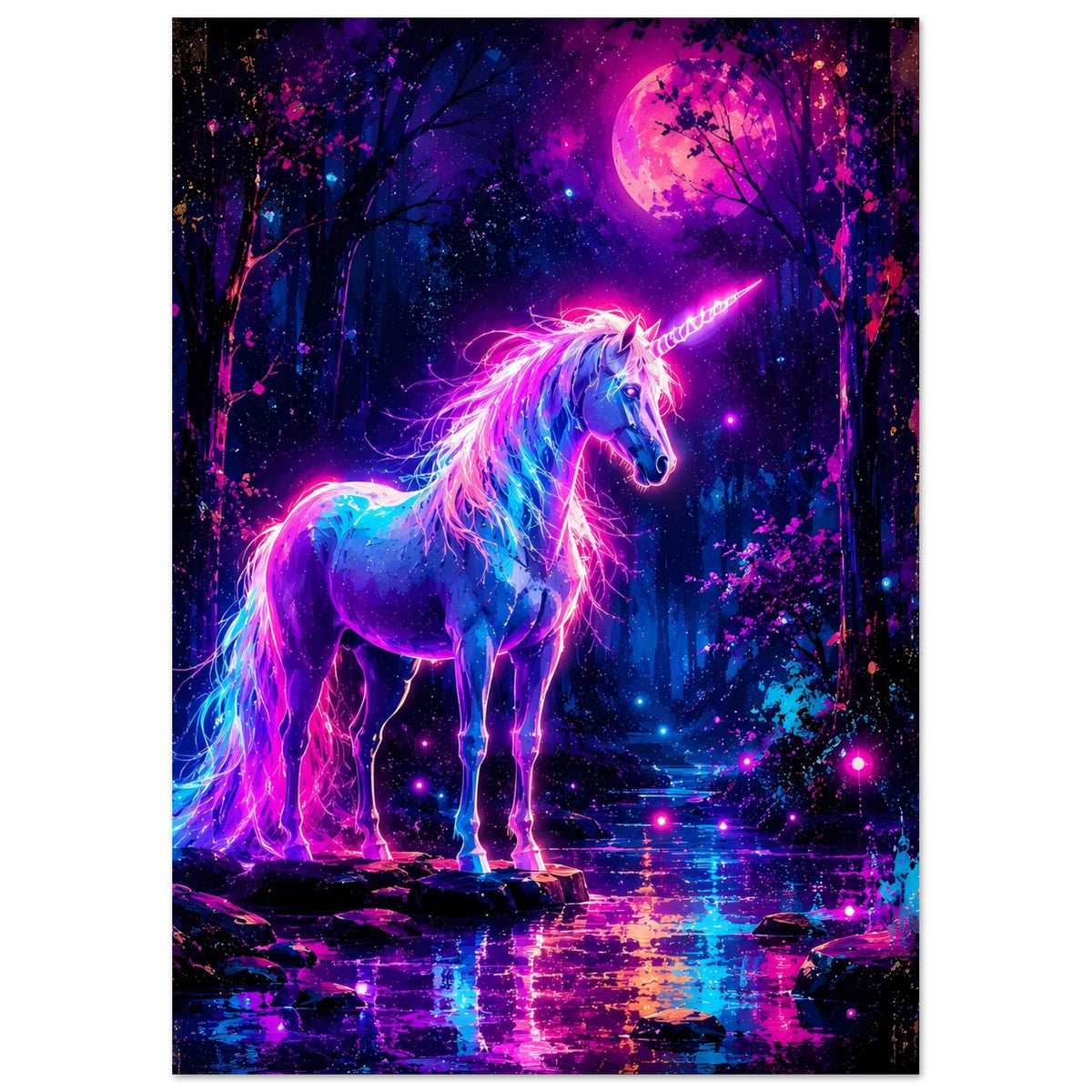 Neon-Einhorn-Poster mit Einhorn und leuchtendem Horn am violetten Vollmondhimmel.