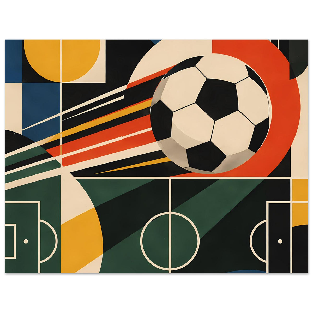 Geometrisches Fußballkunstposter, Fußball oben rechts, bunte Streifen und Torrahmen