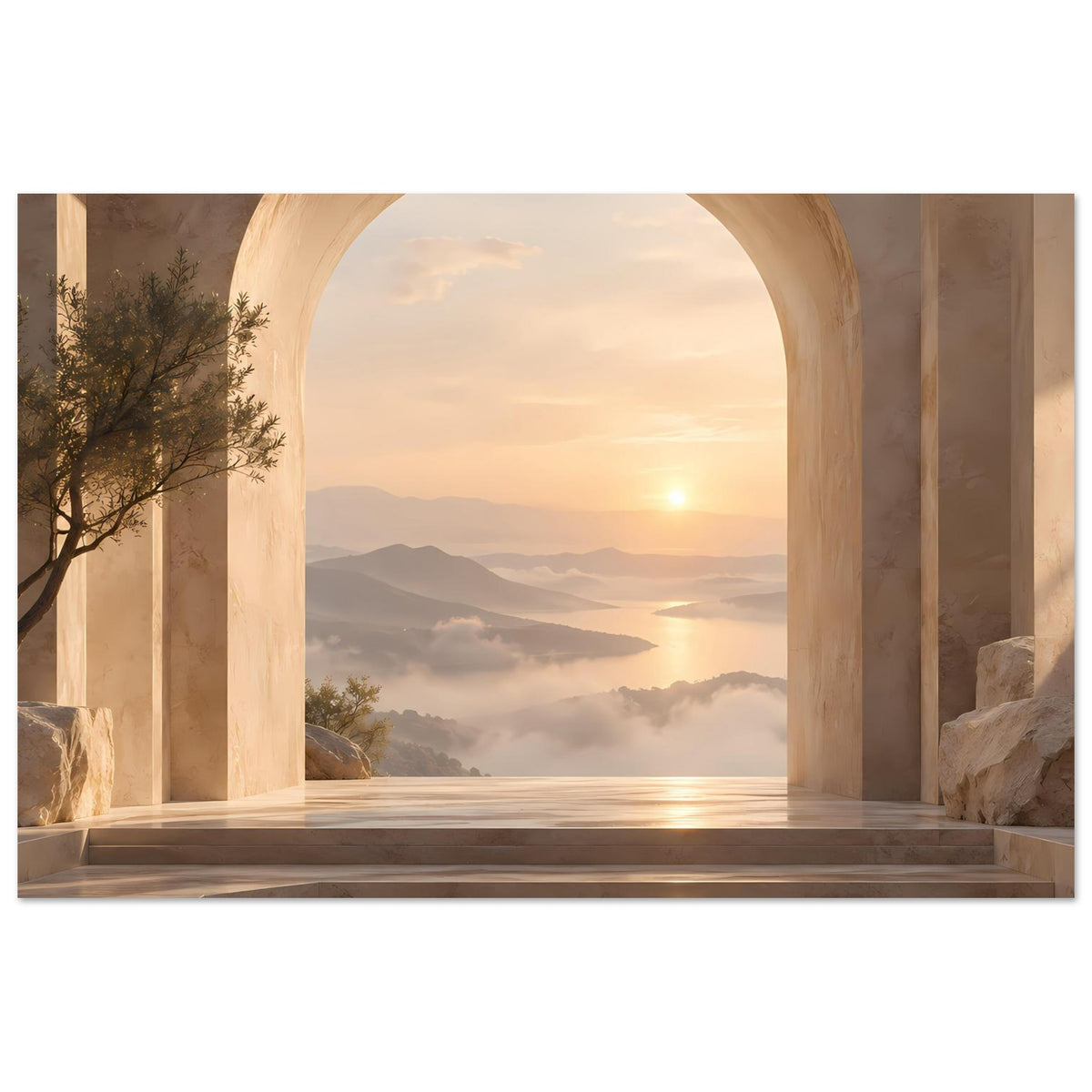 Horizontales Poster mit Rundbogen, Sonnenuntergang über Berge, Nebel und ruhiger Wasserfläche