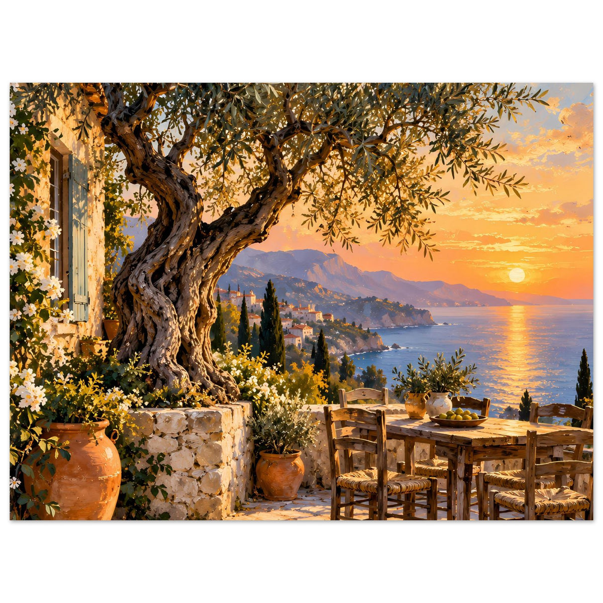 Horizontales Poster mit Olivenbaum, Terrasse-Tisch, Meer und goldener Sonne am Horizont