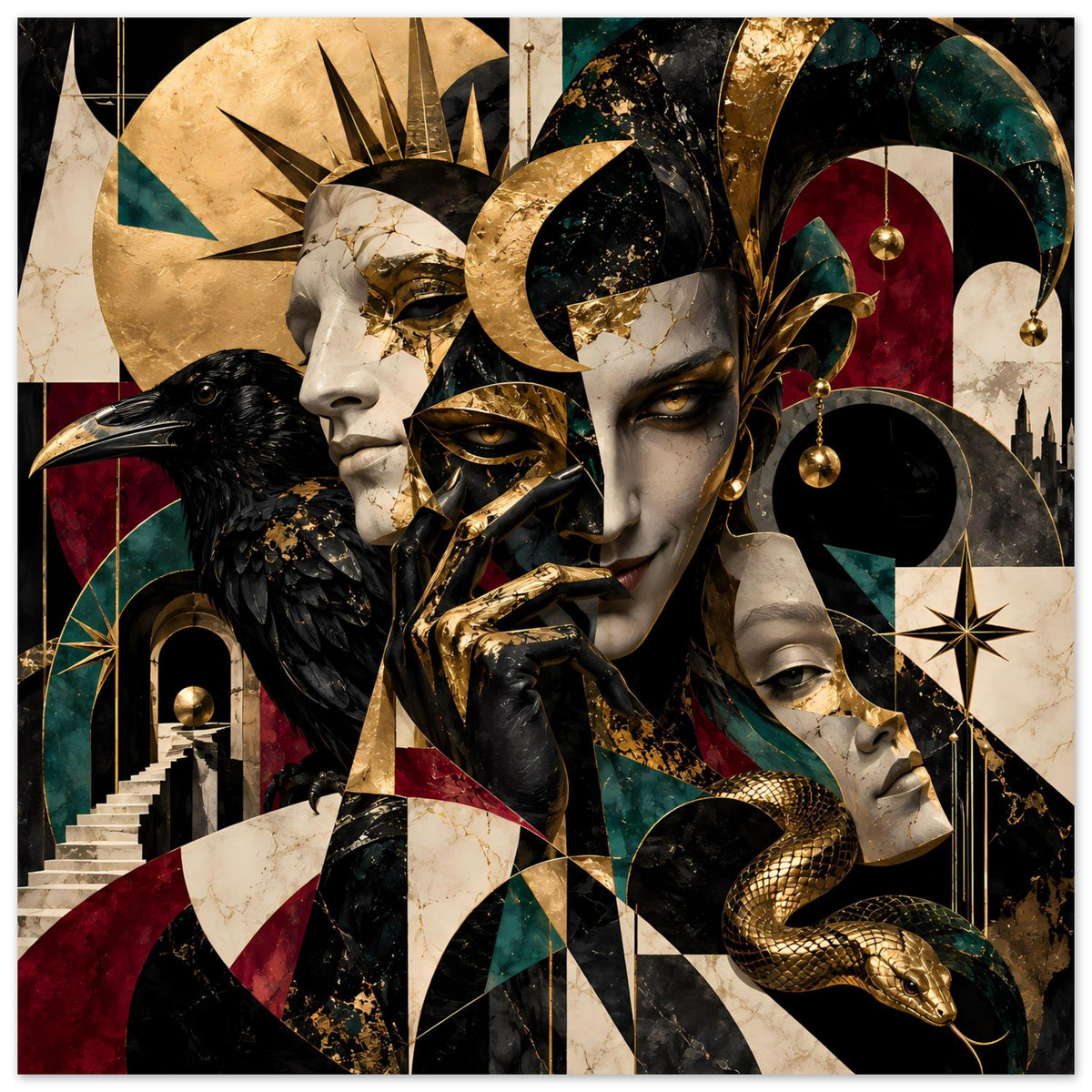 Kunstdruck-Poster mit Gesichtern, Rabe, geschwungener Schlange und goldenen Ornamenten