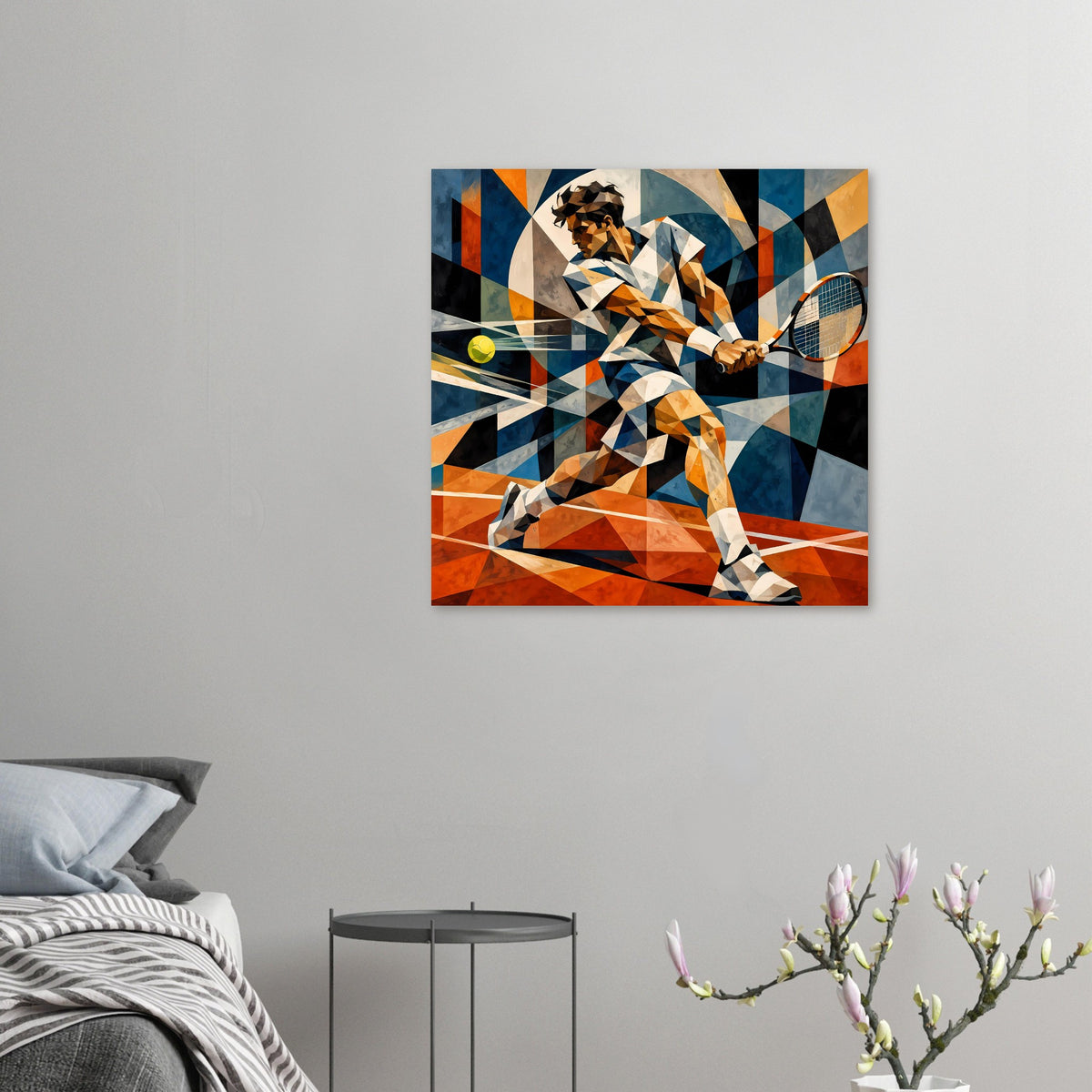 Kunstposter: abstrakter Tennisspieler mit Schläger und gelbem Ball, geometrisch