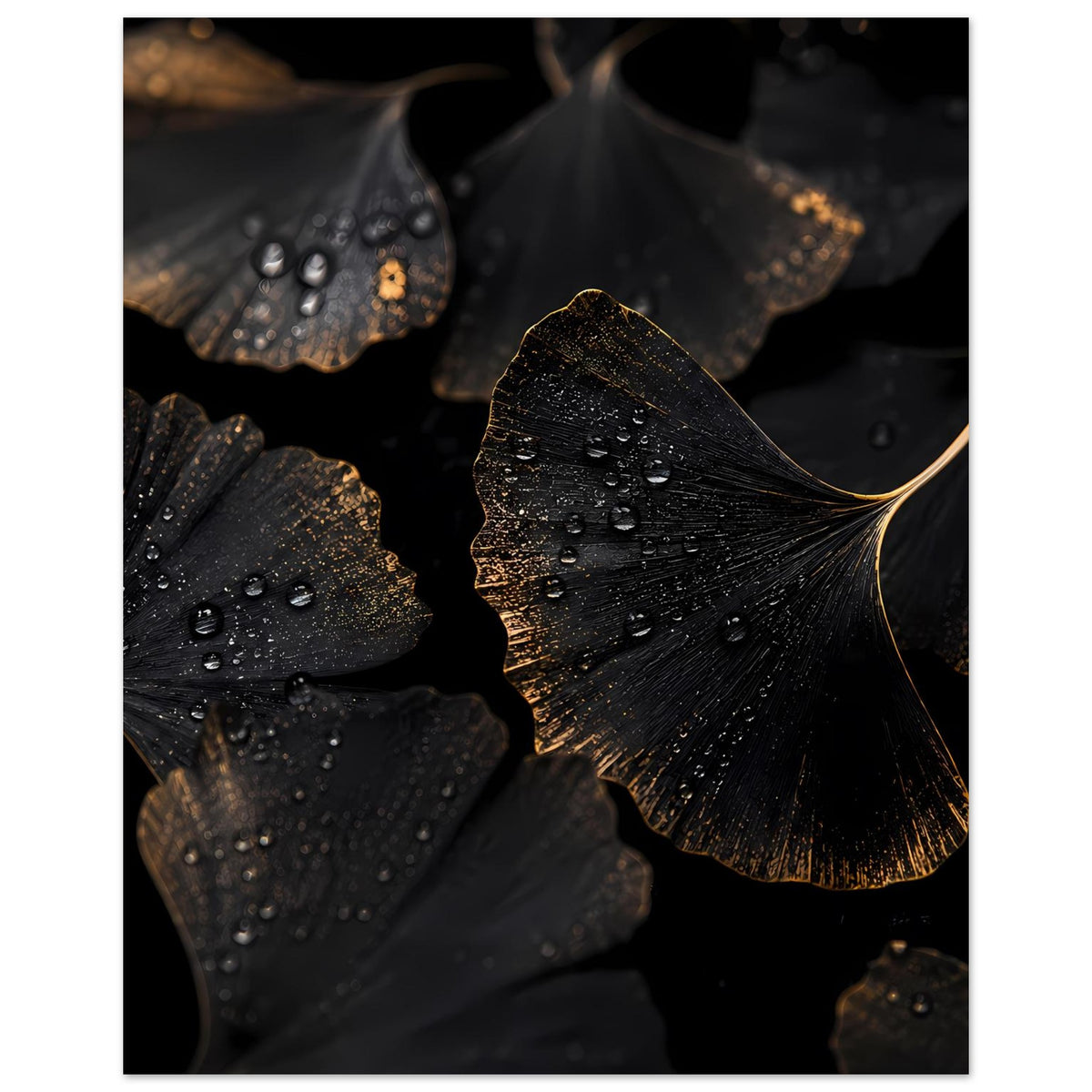 Poster im Hochformat mit schwarzen Ginkgo-Blättern, goldenen Rändern und Wassertropfen