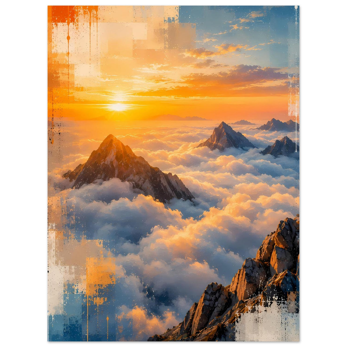 Poster mit Sonnenuntergang über Berggipfeln und Wolken, orange-blaue Farbsprenkel