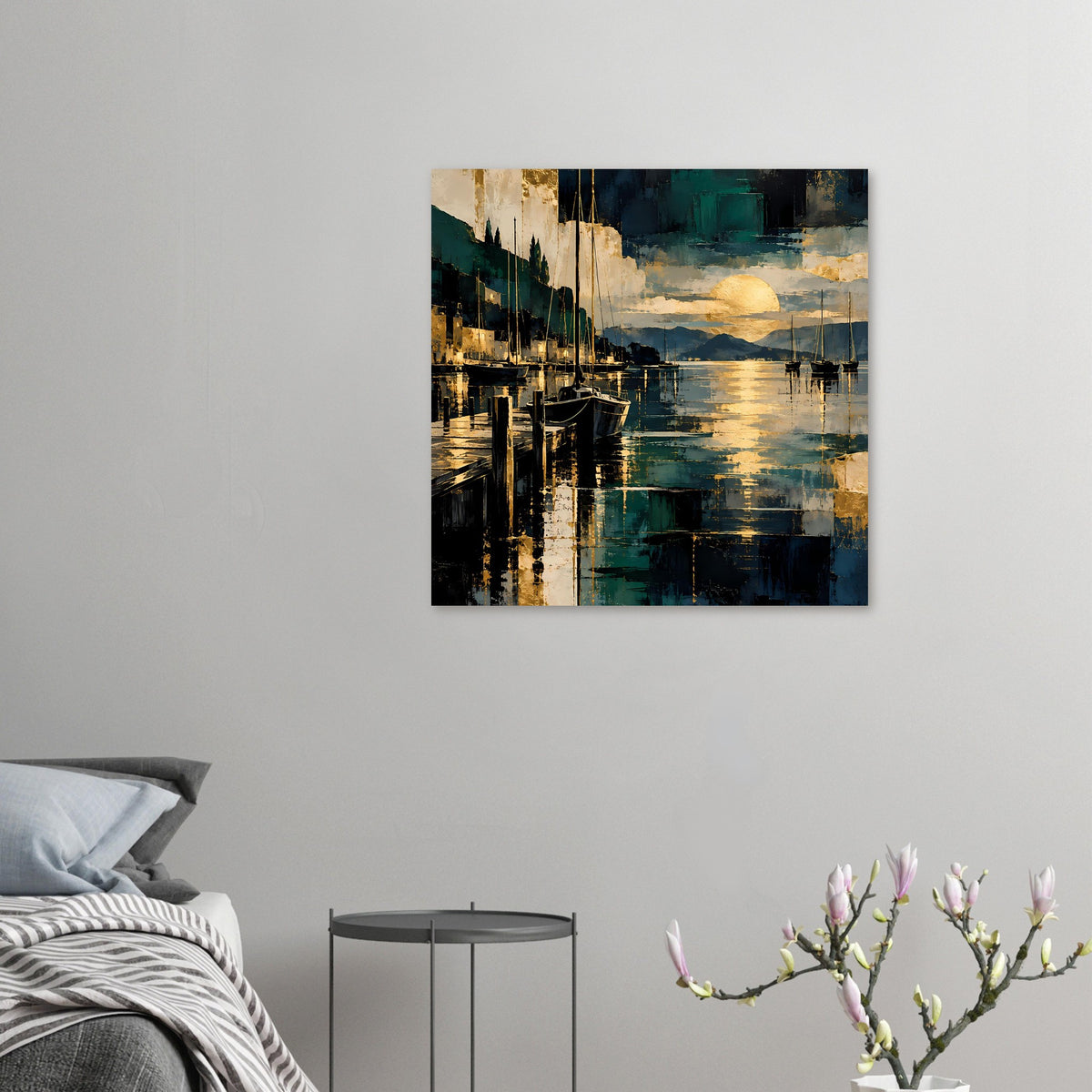 Wandposter mit Segelbooten im Hafen, Abendsonne über Wasser, Blau und Gold