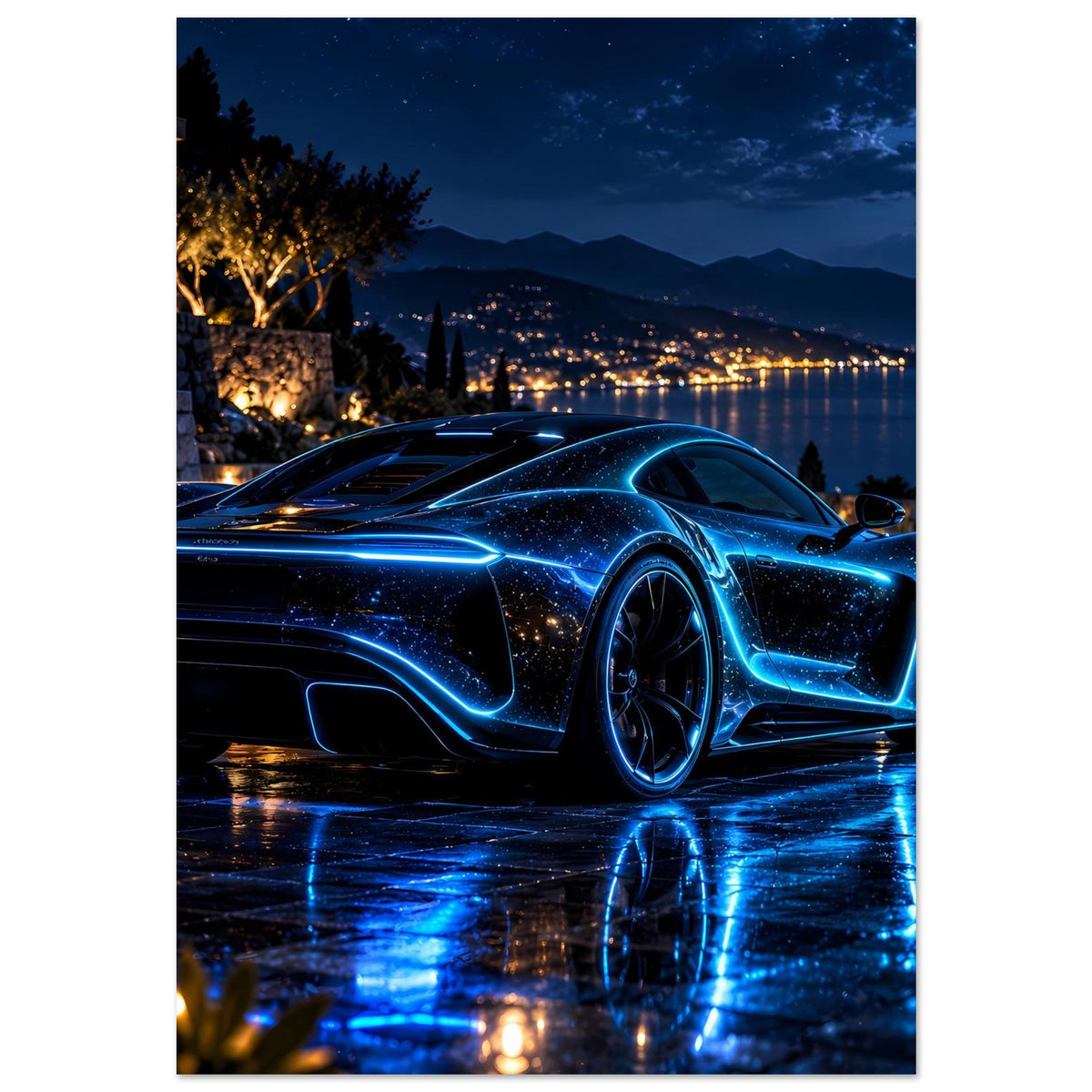 Poster, vertikal: futuristischer blauer Sportwagen mit leuchtenden Linien bei Nacht