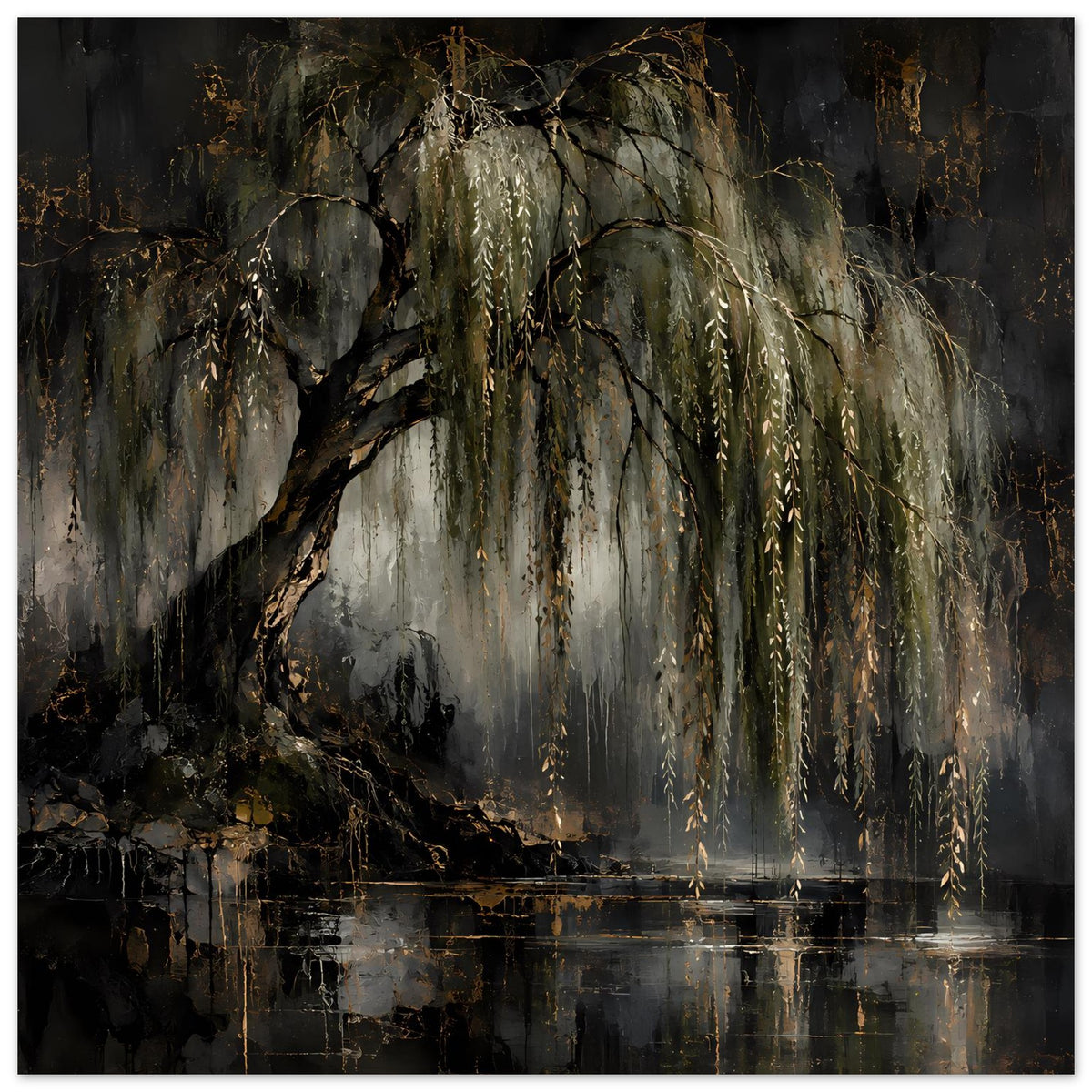 Naturposter: dunkle Trauerweide mit goldenen Lichtstreifen und Spiegelungen im Wasser