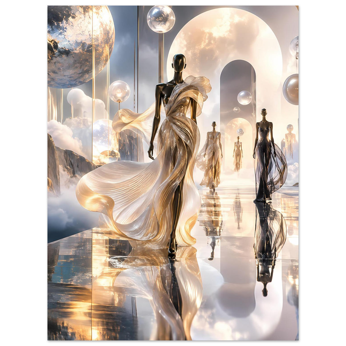 Vertikales Kunstposter: goldene Figur im wallenden Kleid, mehrere elegante Silhouetten