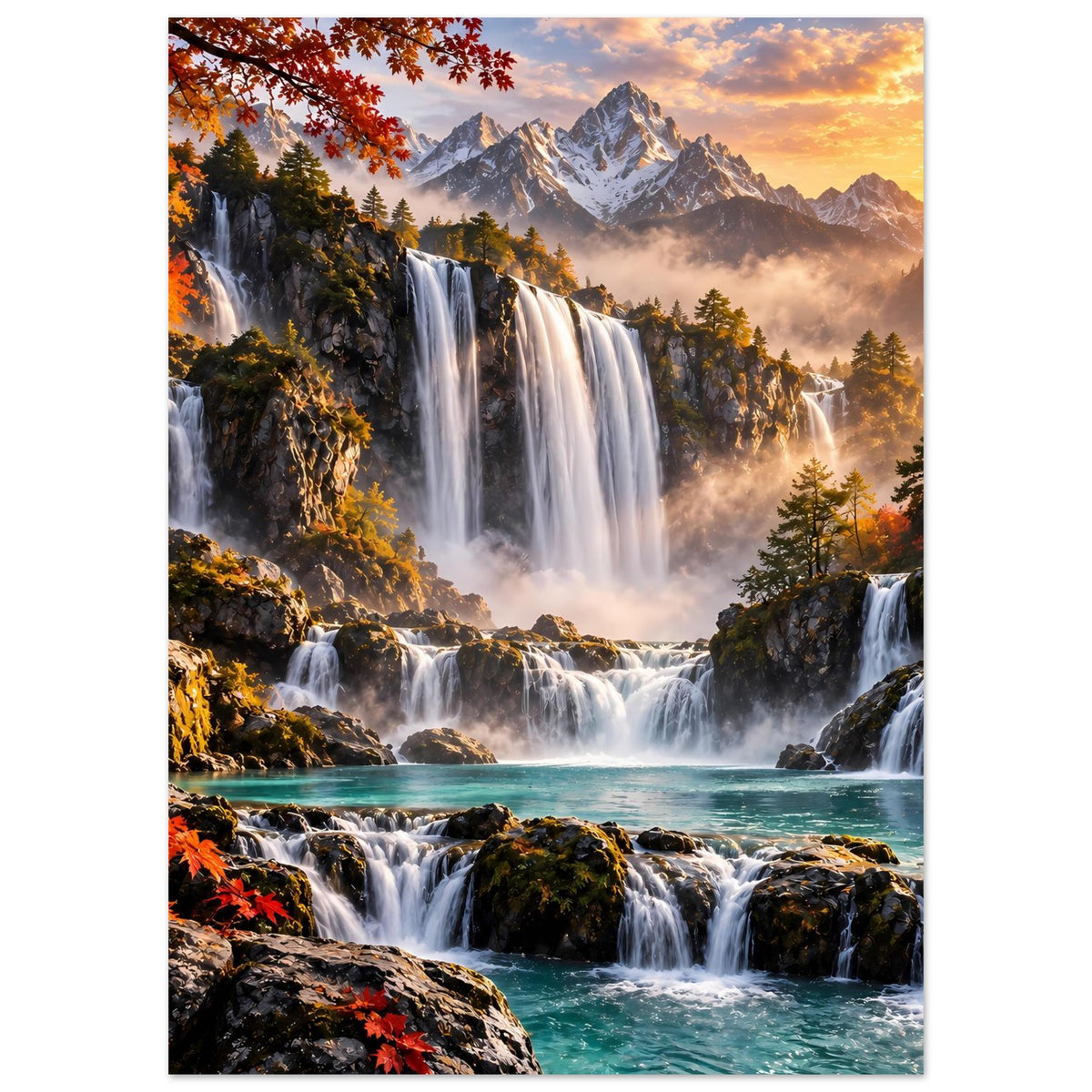 Poster mit Wasserfällen, Herbstbäumen, türkisfarbenem Fluss und Bergen