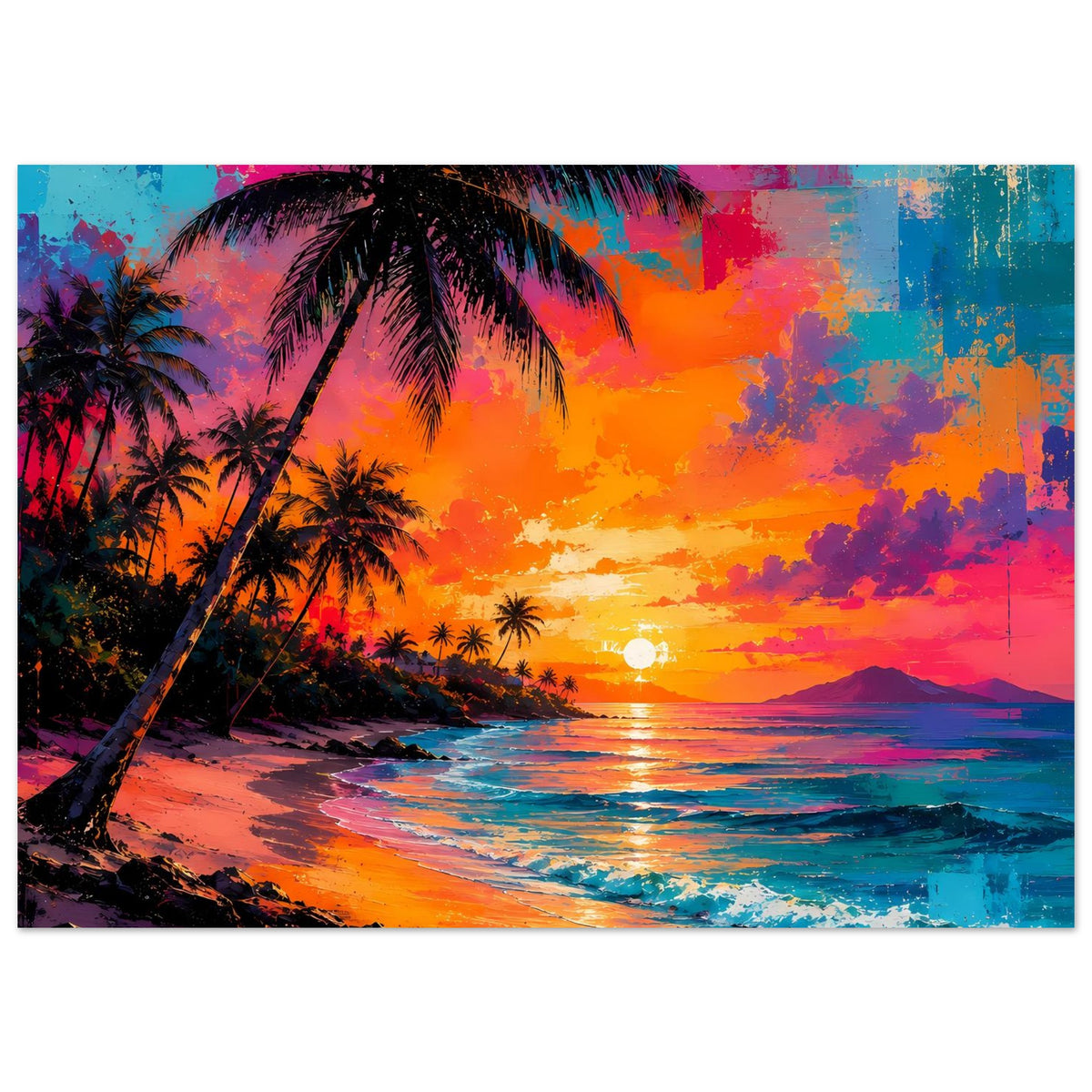 Abstraktes Poster, horizontal: große Palme, Strand und neonfarbener Sonnenuntergang