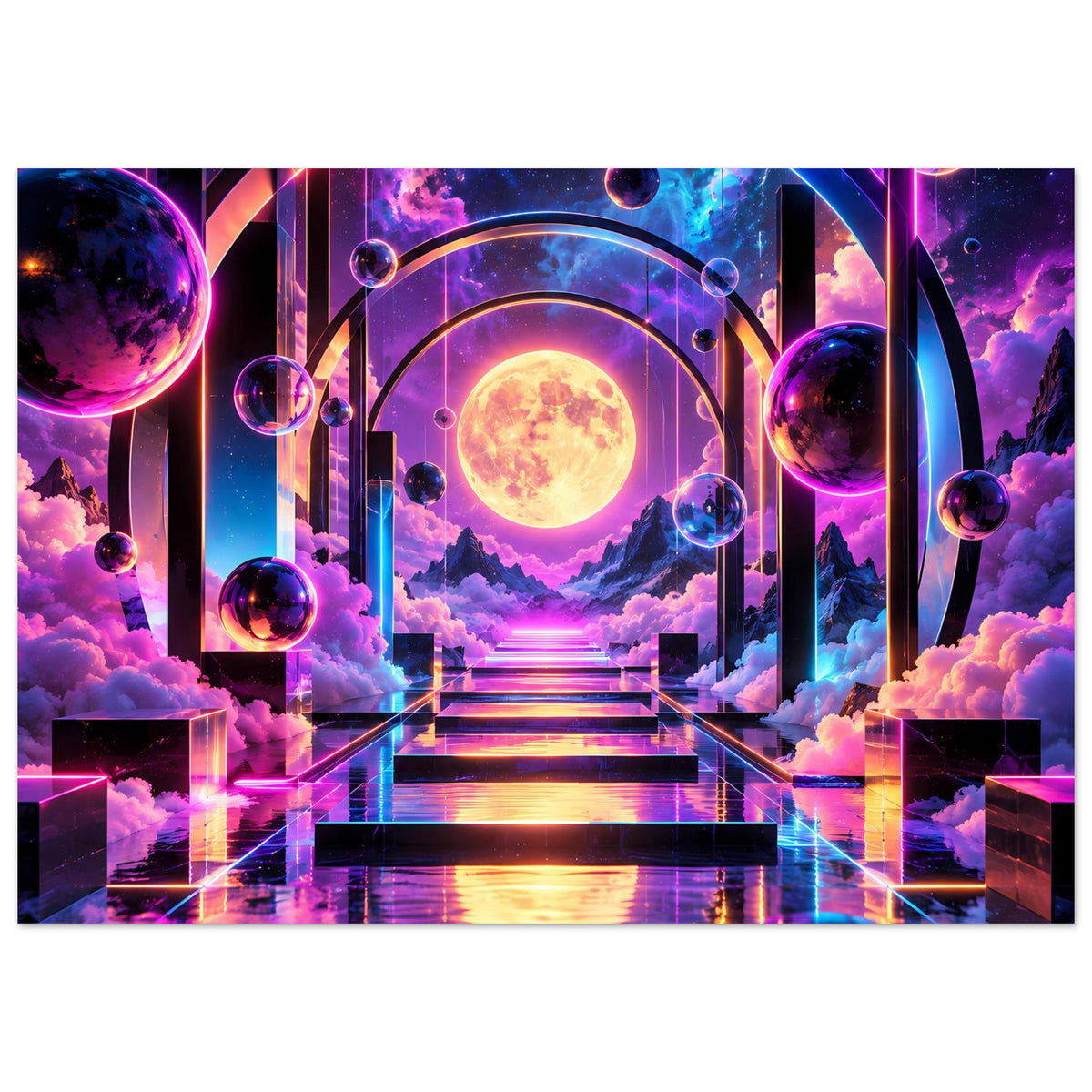 Poster mit futuristischem Torbogen, leuchtender Sonne und schwebenden Planeten über einer reflektierenden Treppe.