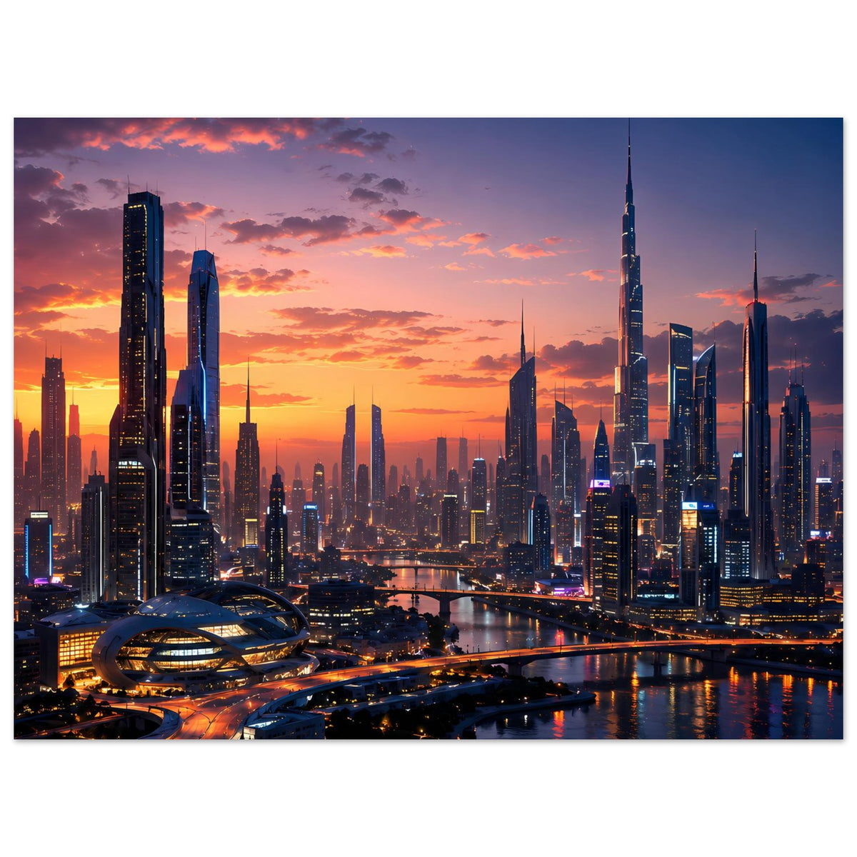 Querformat-Poster mit Skyline bei Sonnenuntergang, hoher Wolkenkratzer und beleuchtete Uferpromenade