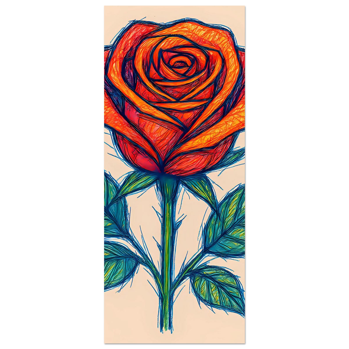 Poster mit Rosenmotiv im Skizzenstil: rote-orange Blüte, grüne Blätter, vertikal