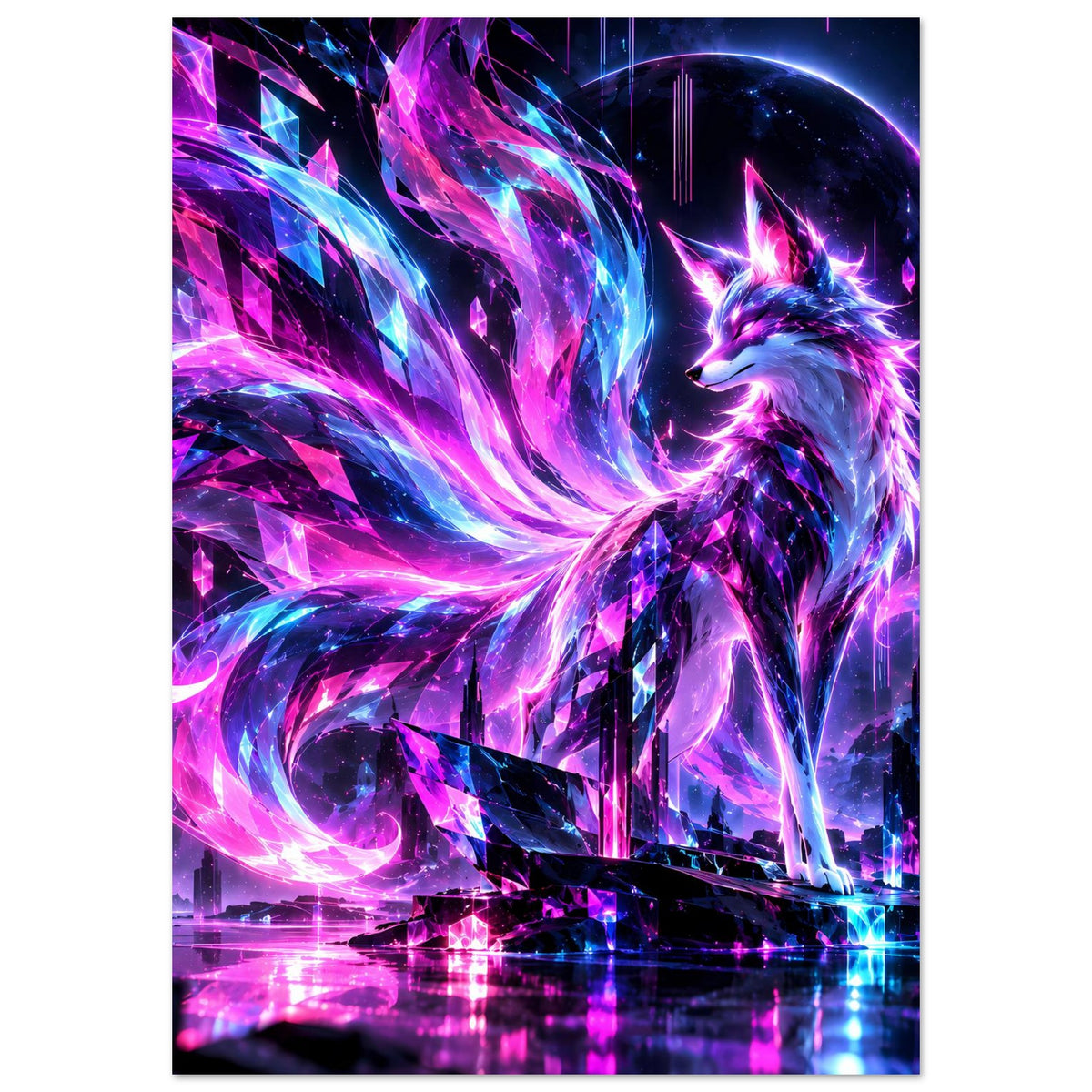 Leuchtendes Neon-Fuchs-Fantasy-Poster, vertikales Motiv: lila-blauer Fuchs im schimmernden Lichtbogen