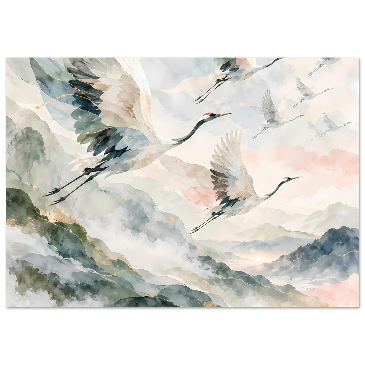 Horizontales Poster mit fliegenden Kranichen und sanften Aquarellwolken, goldfarbene Akzente