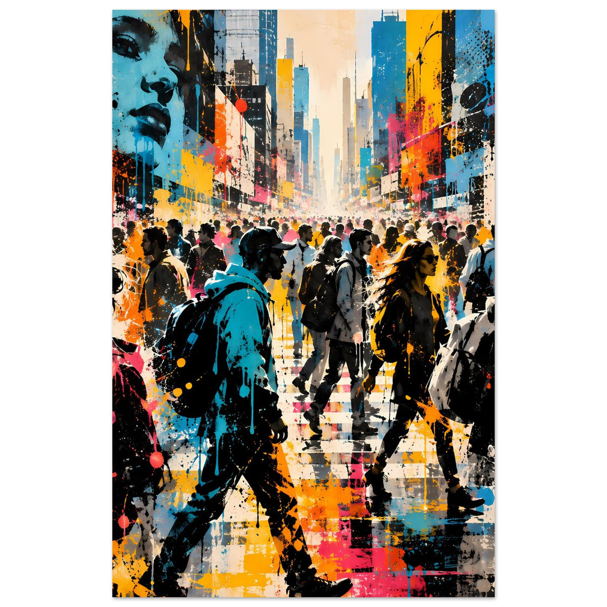 Street-Art-Poster mit bunter Stadt-Straßenszene, gehenden Figuren und Spritzfarben