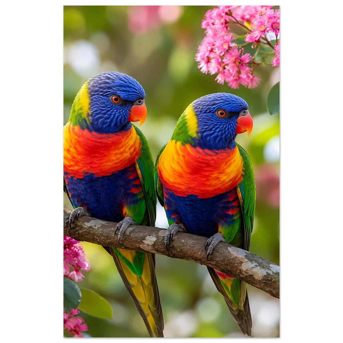 Poster: zwei Regenbogen-Lorikeets auf Ast, rosa Blüten oben und seitlich, mit weißem Rand