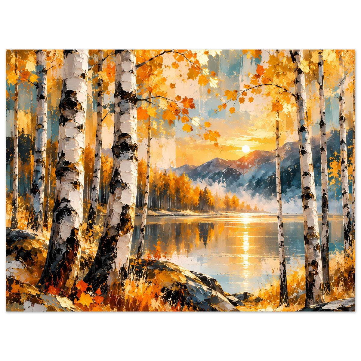 Herbstposter mit Birkenstämmen, orangefarbenem Laub und Sonnenuntergang, Landschaftsmotiv