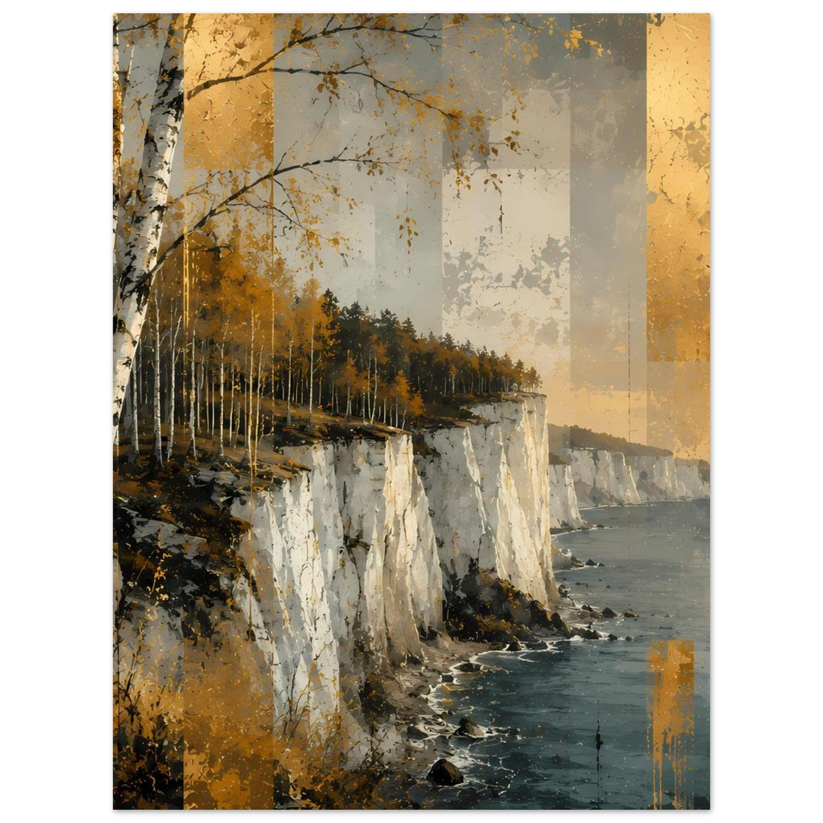 Küstenlandschafts-Poster: Kreideklippen am Meer, Birken im Vordergrund, Gold- und Grüntöne